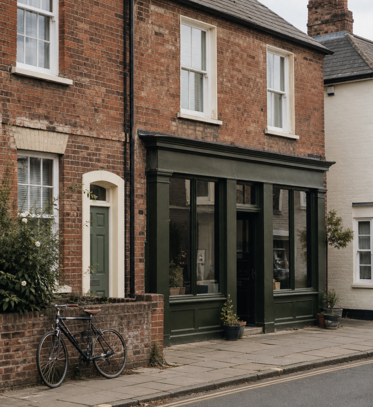 Red-brick buildings, a small shopfront, and a bicycle along a quiet Lincoln street