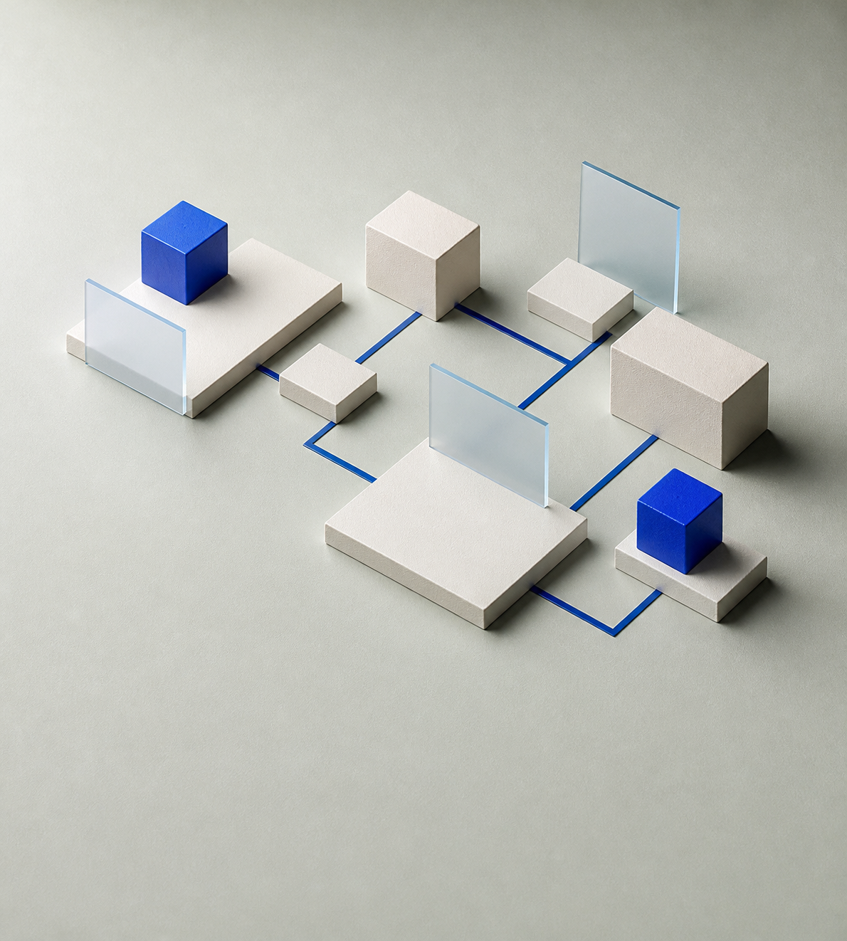 Interconnected blue and ivory modules arranged into a clear, orderly system