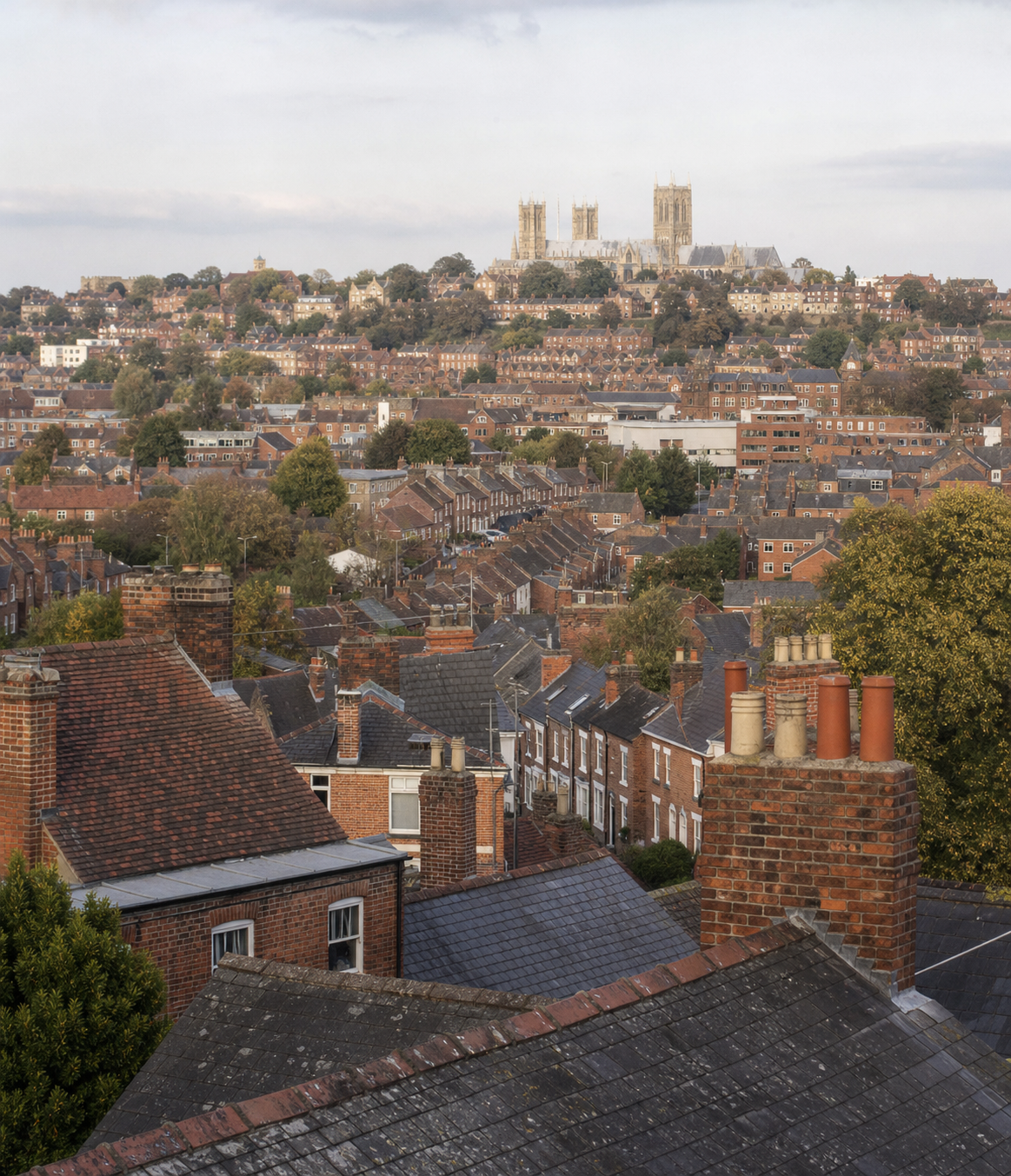 Lincoln Cathedral rising above a layered skyline of brick houses and leafy streets